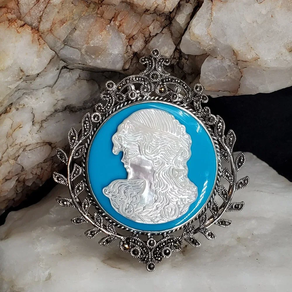 Large Cameo Pendant Brooch Sterling Silver 925 Genuine Turquoise Mother Of Pearl